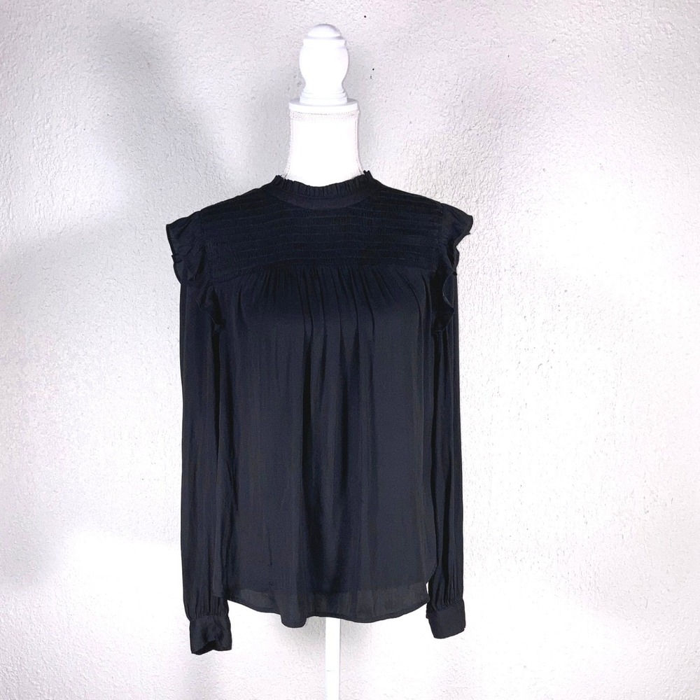 Loft Black Smocked Ruffle High Neck Blouse Long Sleeve Top Large